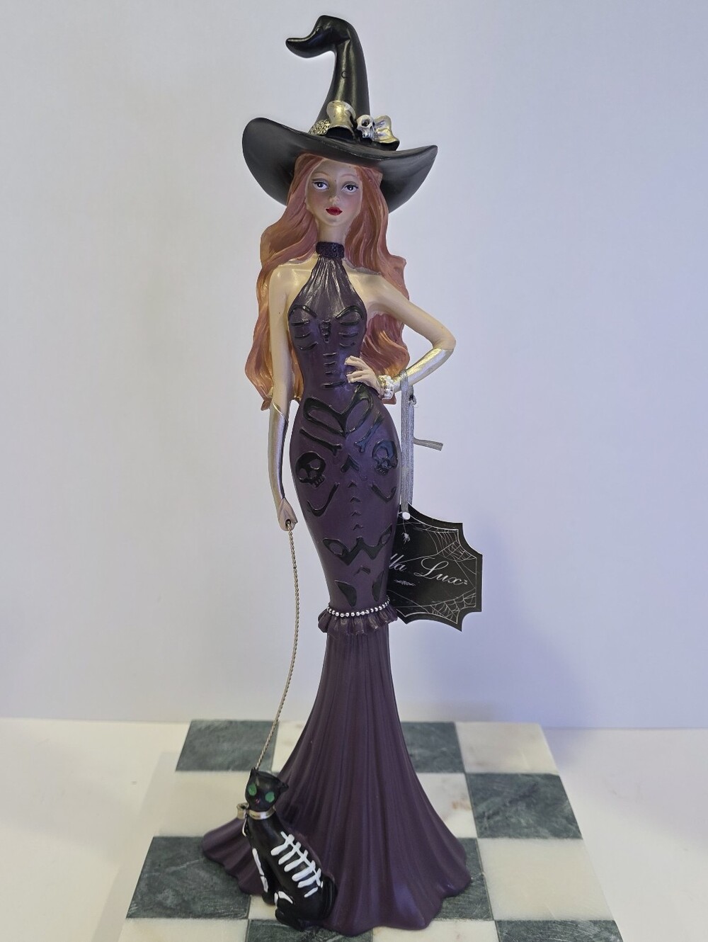 New! Bella Lux Halloween Glam Witch Figurine w/ Skeleton Cat – Purple Dress.